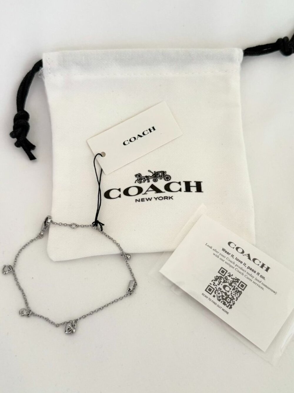 Coach Bracelet Adjustable Charm Silver Plated Heart Logo Crystal Ball Bar Charms